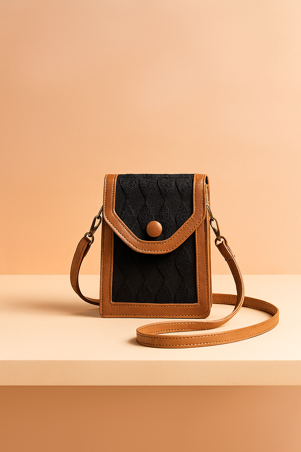 Compact black quilted crossbody bag with tan faux leather trim, curved flap closure, and adjustable strap.