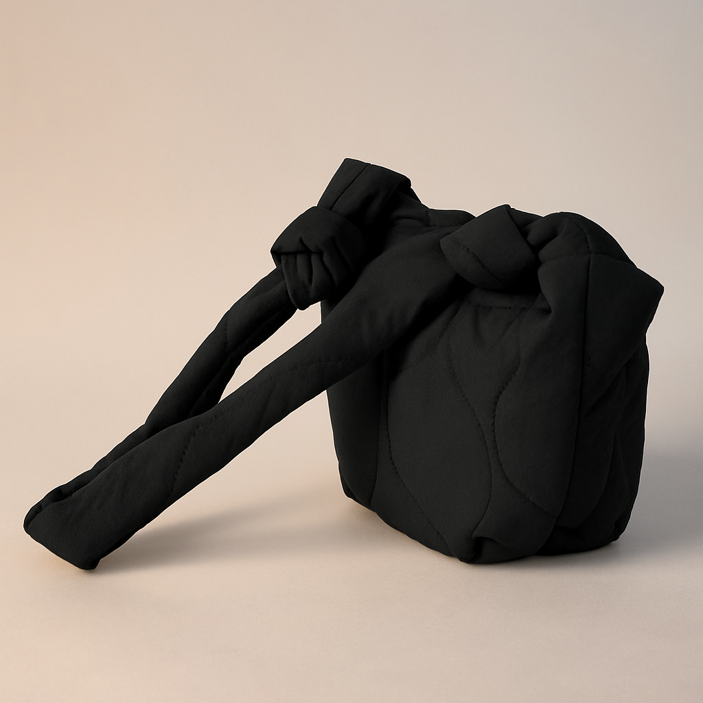 Black quilted handbag with soft structure, knotted handles, and wavy stitched detail, presented against a neutral gradient backdrop.