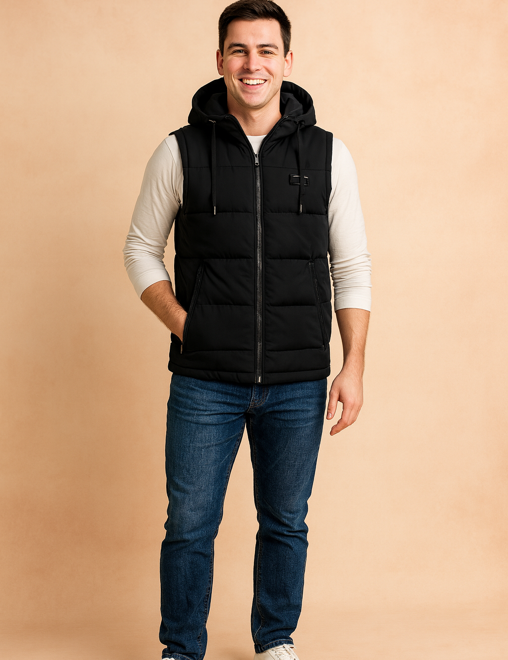 Men’s black quilted puffer vest with hood, zip closure, and two zippered pockets, paired with casual jeans and sneakers for a modern, sporty look