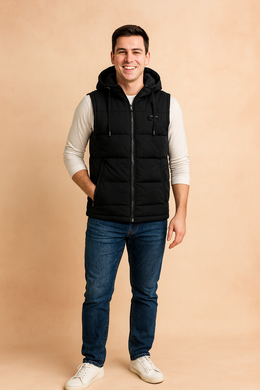 Men’s black quilted puffer vest with hood, zip closure, and two zippered pockets, paired with casual jeans and sneakers for a modern, sporty look
