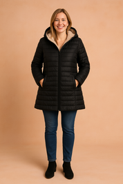 Black quilted puffer jacket with a soft beige fleece lining and hood, featuring a mid-thigh length cut and full front zip closure.