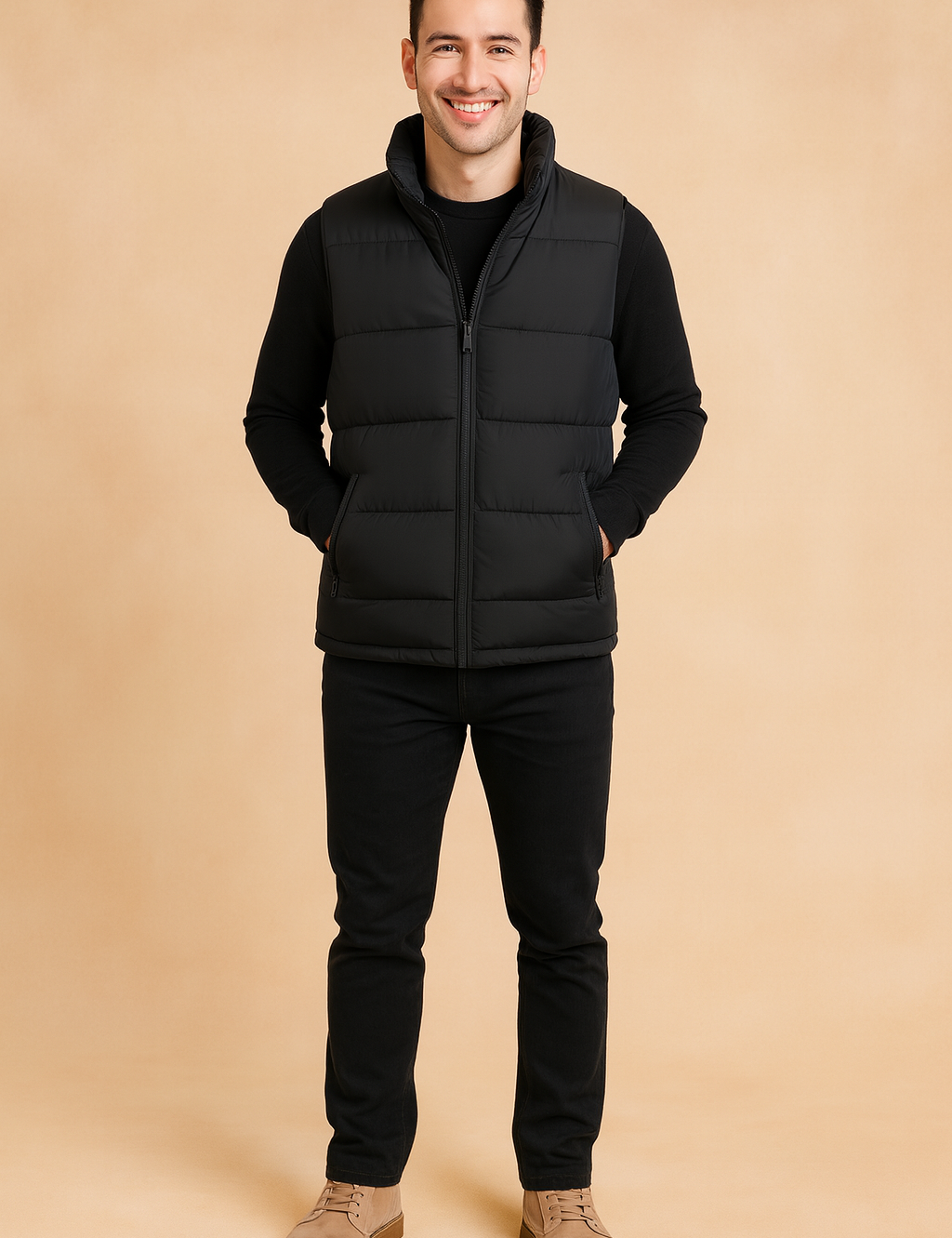 Men’s black quilted puffer vest with zip closure and dual zip pockets, featuring a sleek, lightweight design ideal for layering in cold weather.