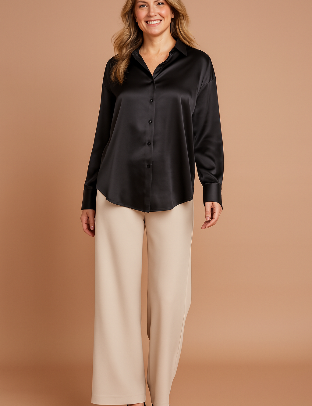 Oversized black satin button-up blouse with a pointed collar, long sleeves, wide cuffs, and a smooth glossy finish.