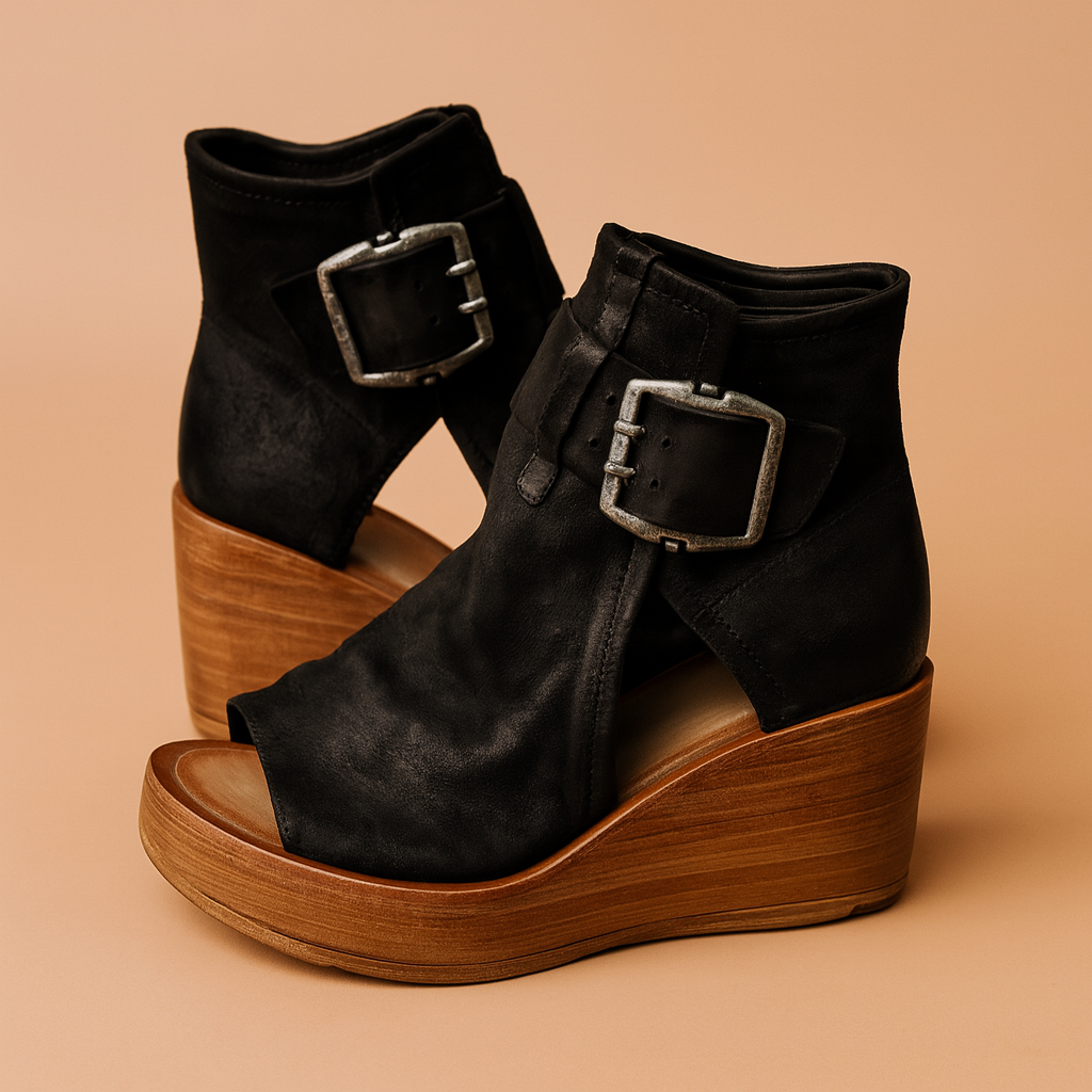 Black wedge sandals with distressed suede texture, wide front coverage, chunky wooden platform soles, and large oxidized silver buckles at the ankle.
