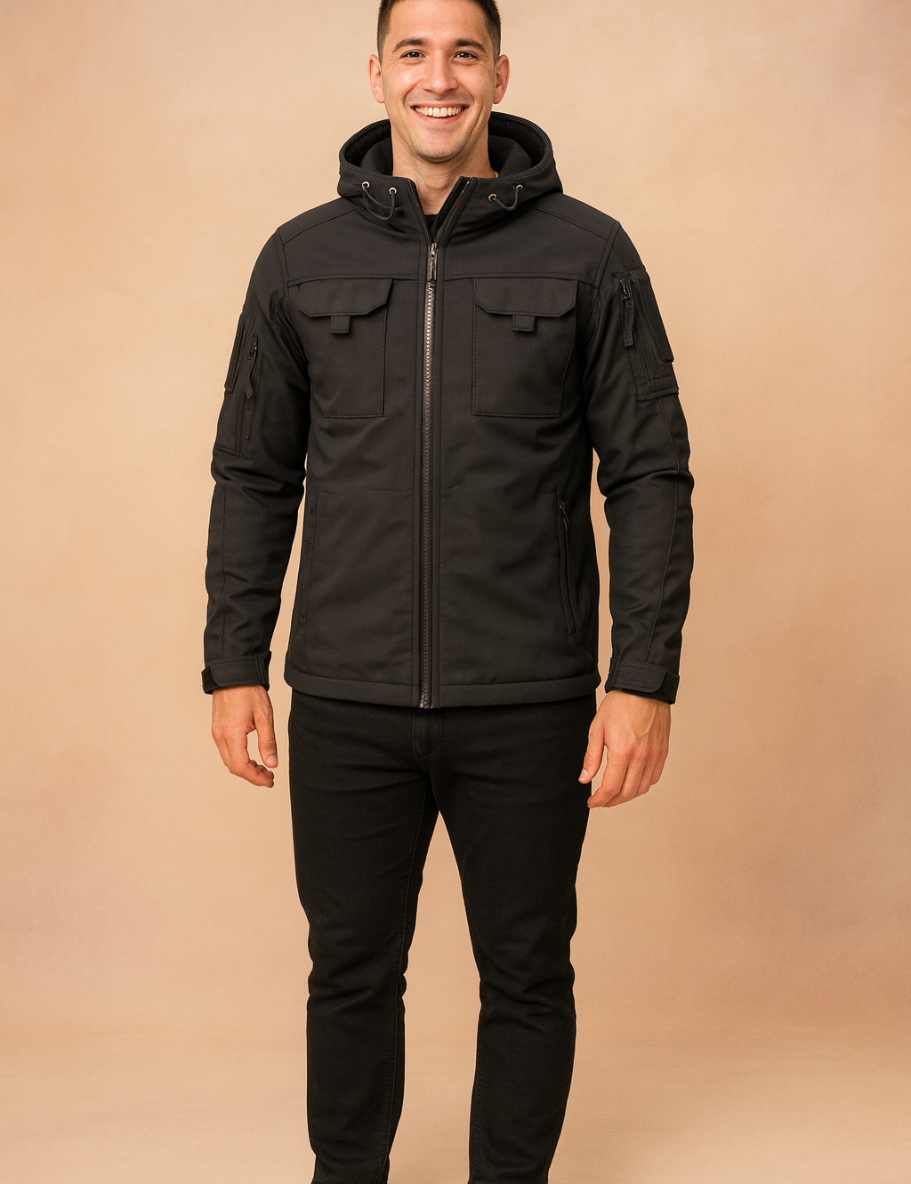Black tactical softshell jacket with hood, chest flap pockets, and multiple zippered compartments, styled with black trousers and white sneakers.
