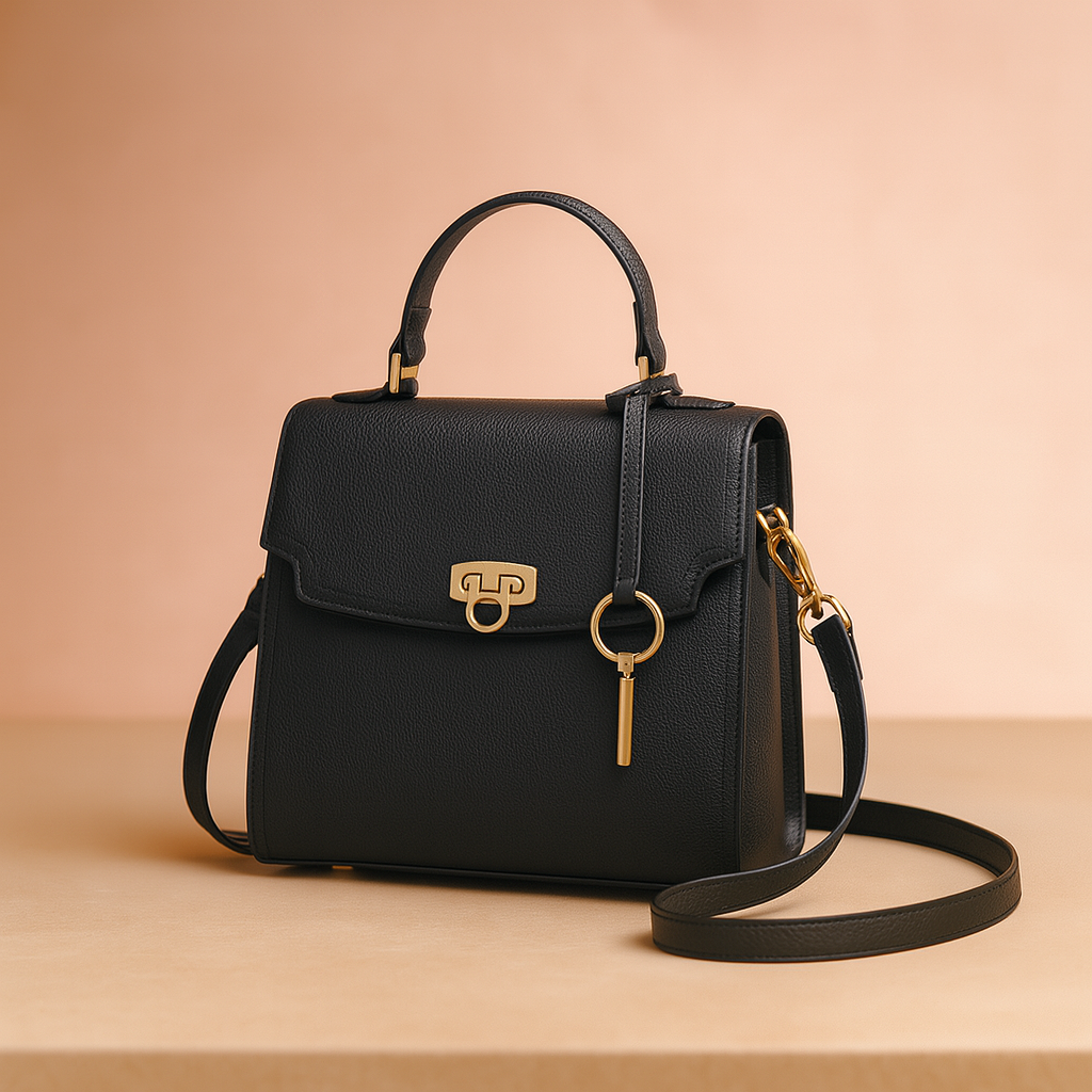 Black pebbled leather handbag with gold hardware, top handle, front flap clasp, and hanging key charm, styled on a table against a softly lit warm sand and blush background.