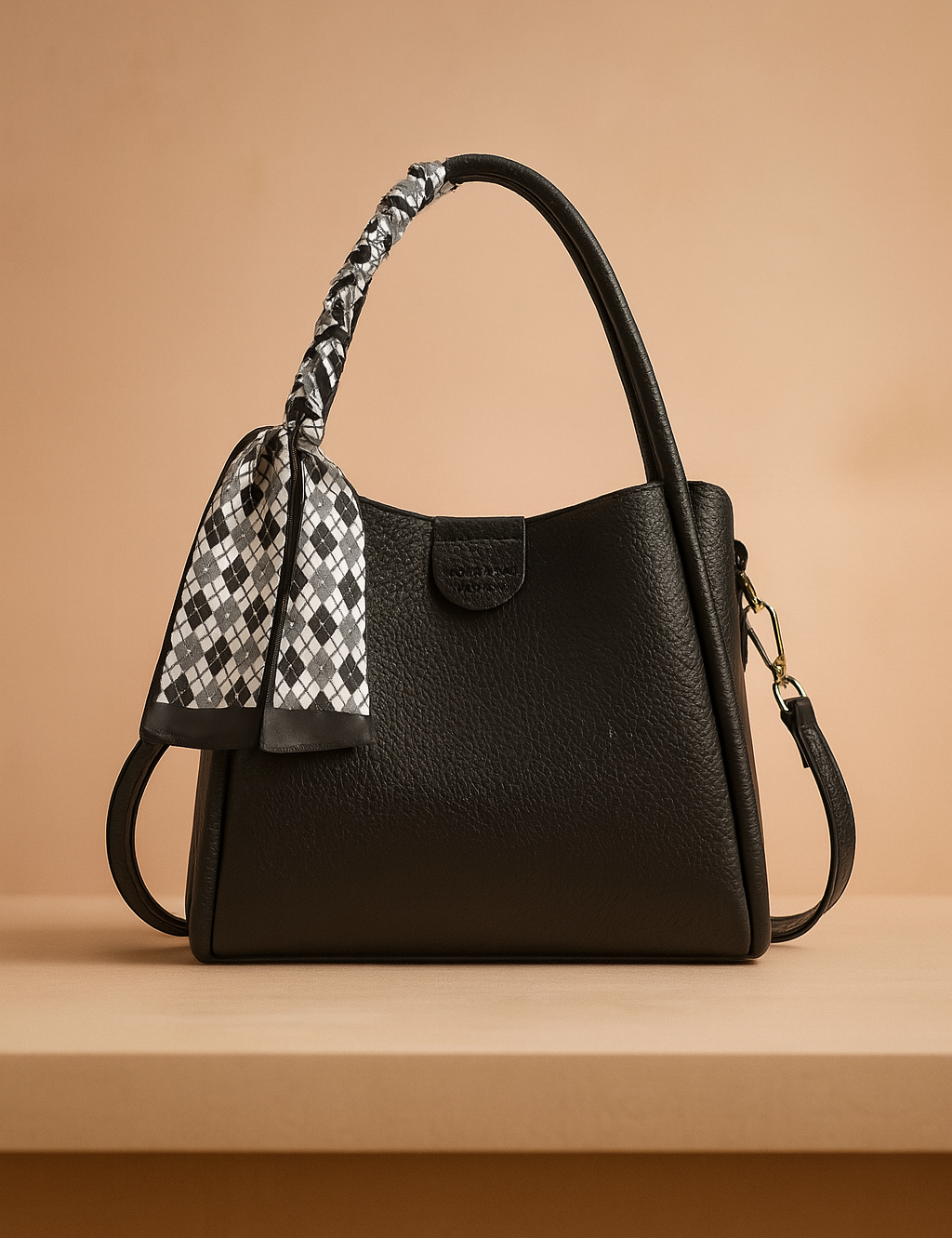 Black textured shoulder bag with a curved top handle, side strap, and monochrome diamond-patterned scarf tied to the handle, displayed on a neutral platform.