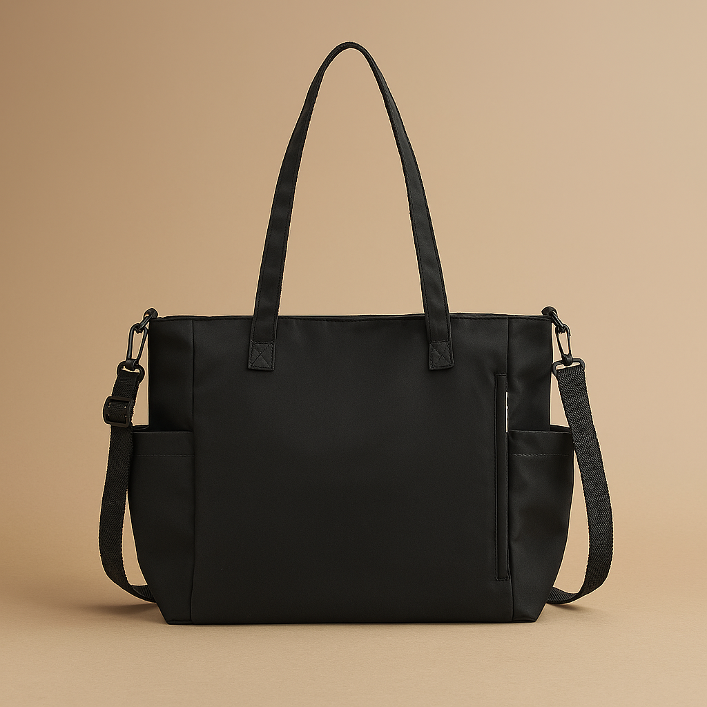 Black tote handbag with dual top handles, zippered side pocket, and detachable shoulder strap, displayed against a soft beige gradient background.