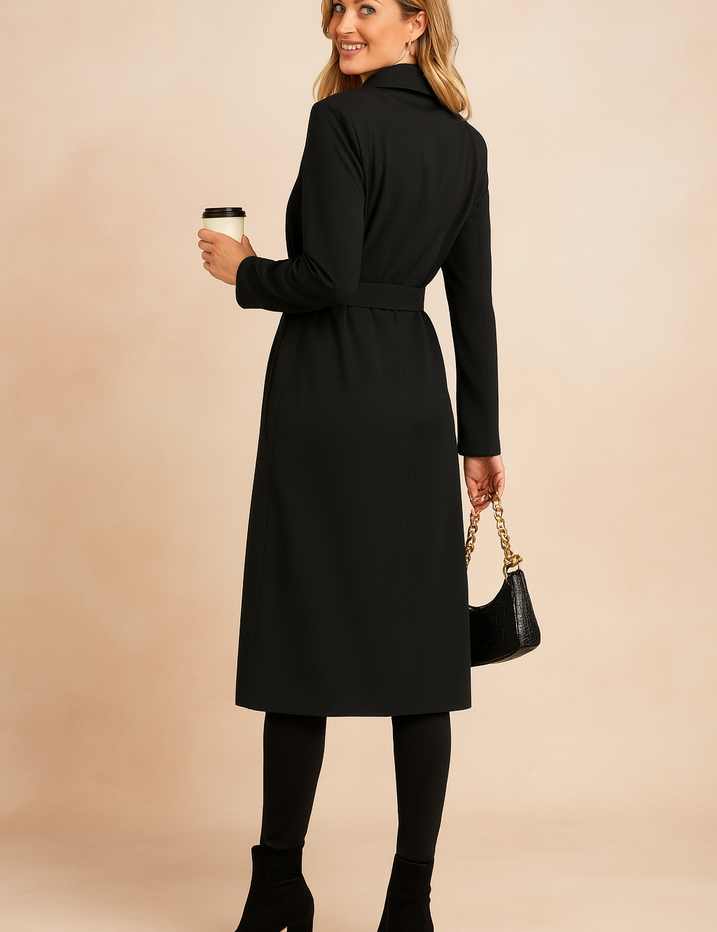 Black longline trench coat with a waist belt, paired with black fitted pants and black suede block-heel ankle boots, accessorized with a black crocodile-embossed handbag with gold chain strap.