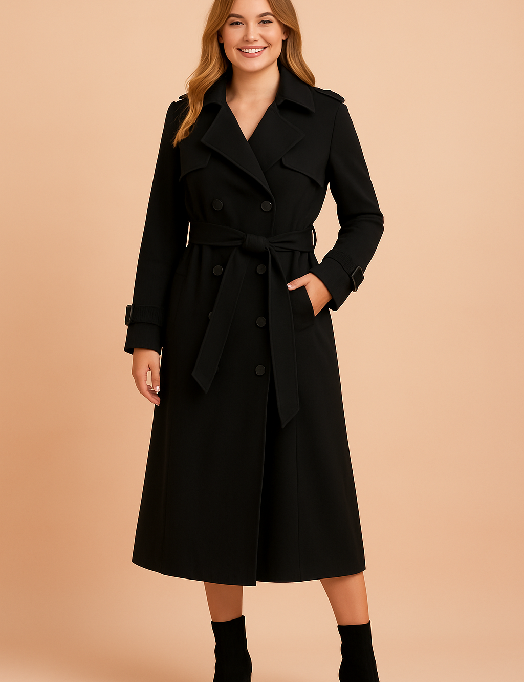 Elegant black double-breasted trench coat with belted waist, structured lapels, and long sleeves with buckle details, styled for a polished and sophisticated look.