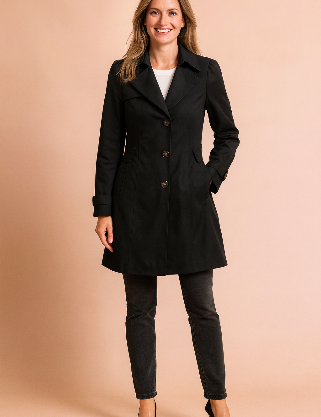 Black tailored trench coat with a classic lapel collar, three-button closure, front flap pockets, and adjustable cuff straps, paired with fitted black jeans and black high heels.