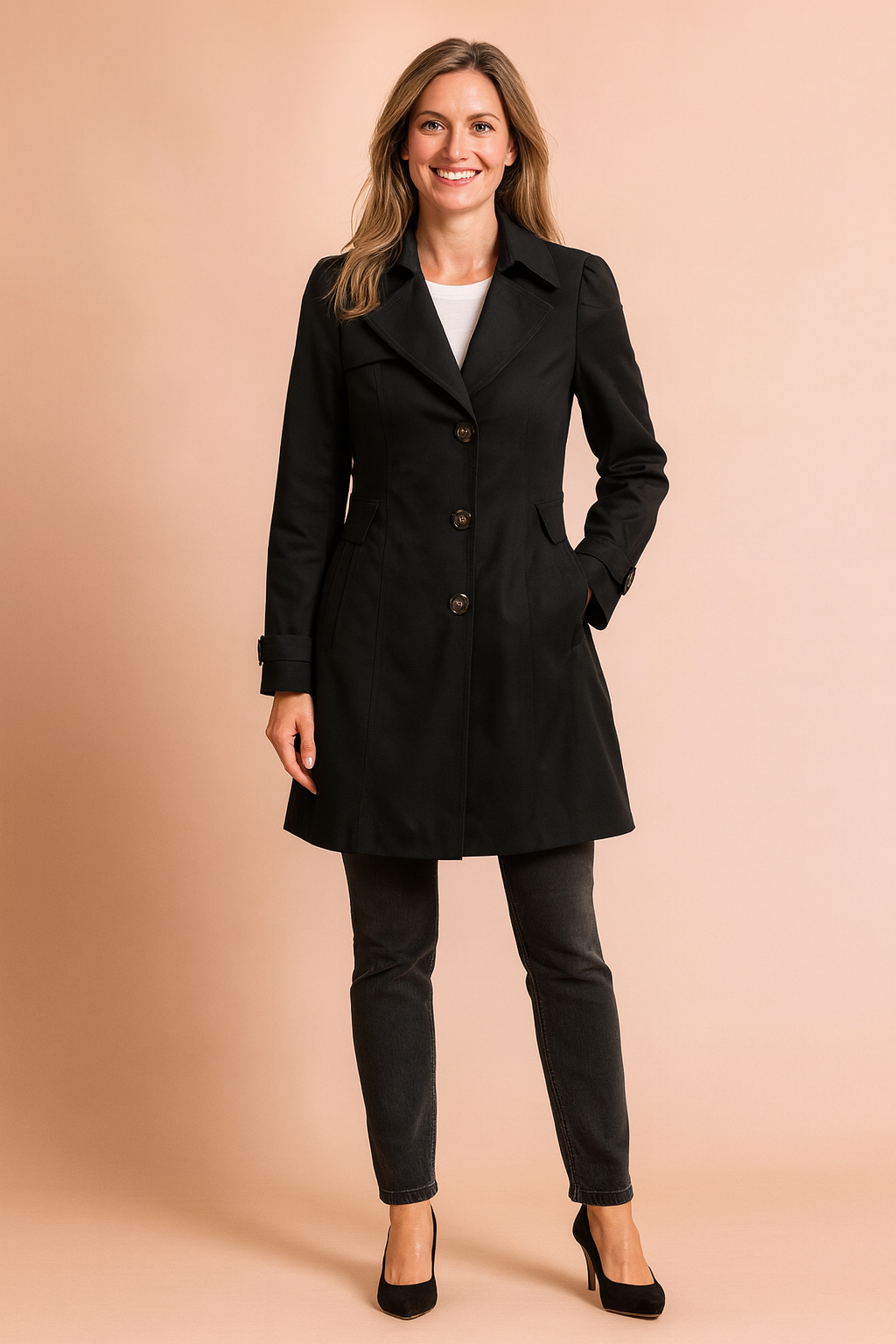 Black tailored trench coat with a classic lapel collar, three-button closure, front flap pockets, and adjustable cuff straps, paired with fitted black jeans and black high heels.