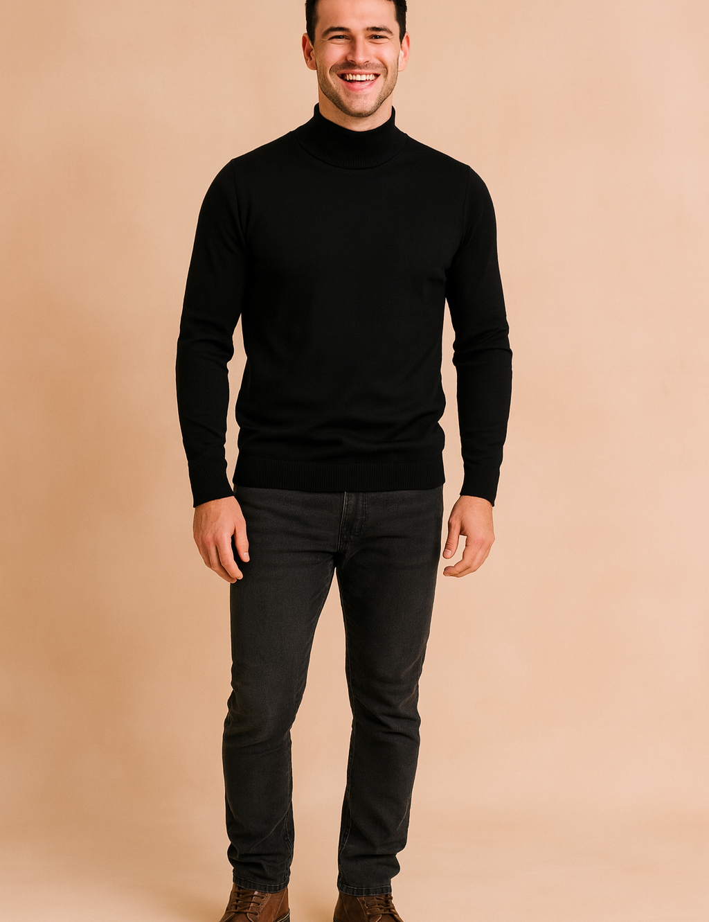 Classic black turtleneck sweater with ribbed collar, cuffs, and hem, offering a sleek and modern minimalist look.