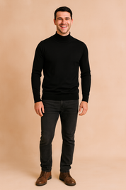 Classic black turtleneck sweater with ribbed collar, cuffs, and hem, offering a sleek and modern minimalist look.