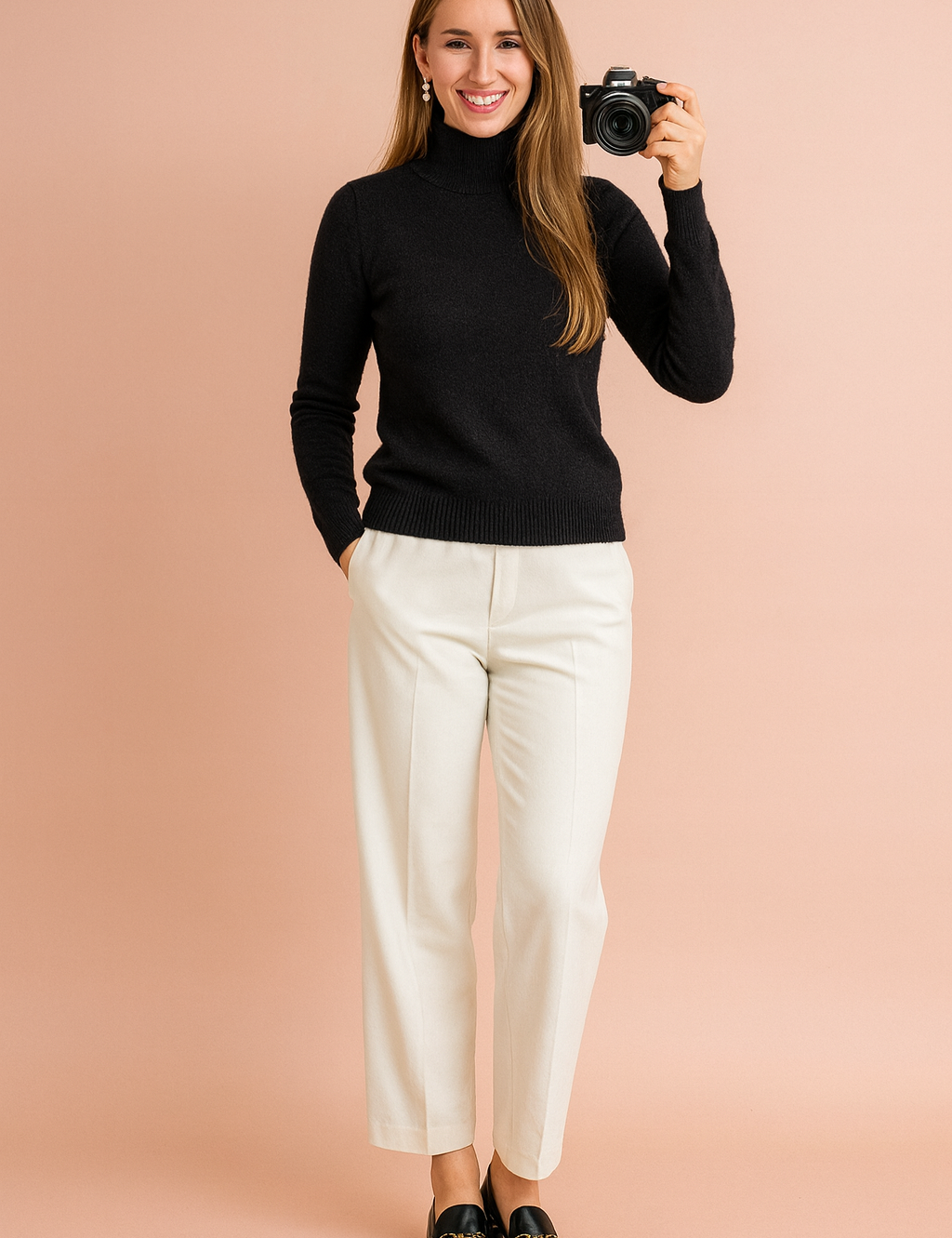 Black turtleneck sweater with long sleeves, paired with white tailored trousers and black leather loafers.