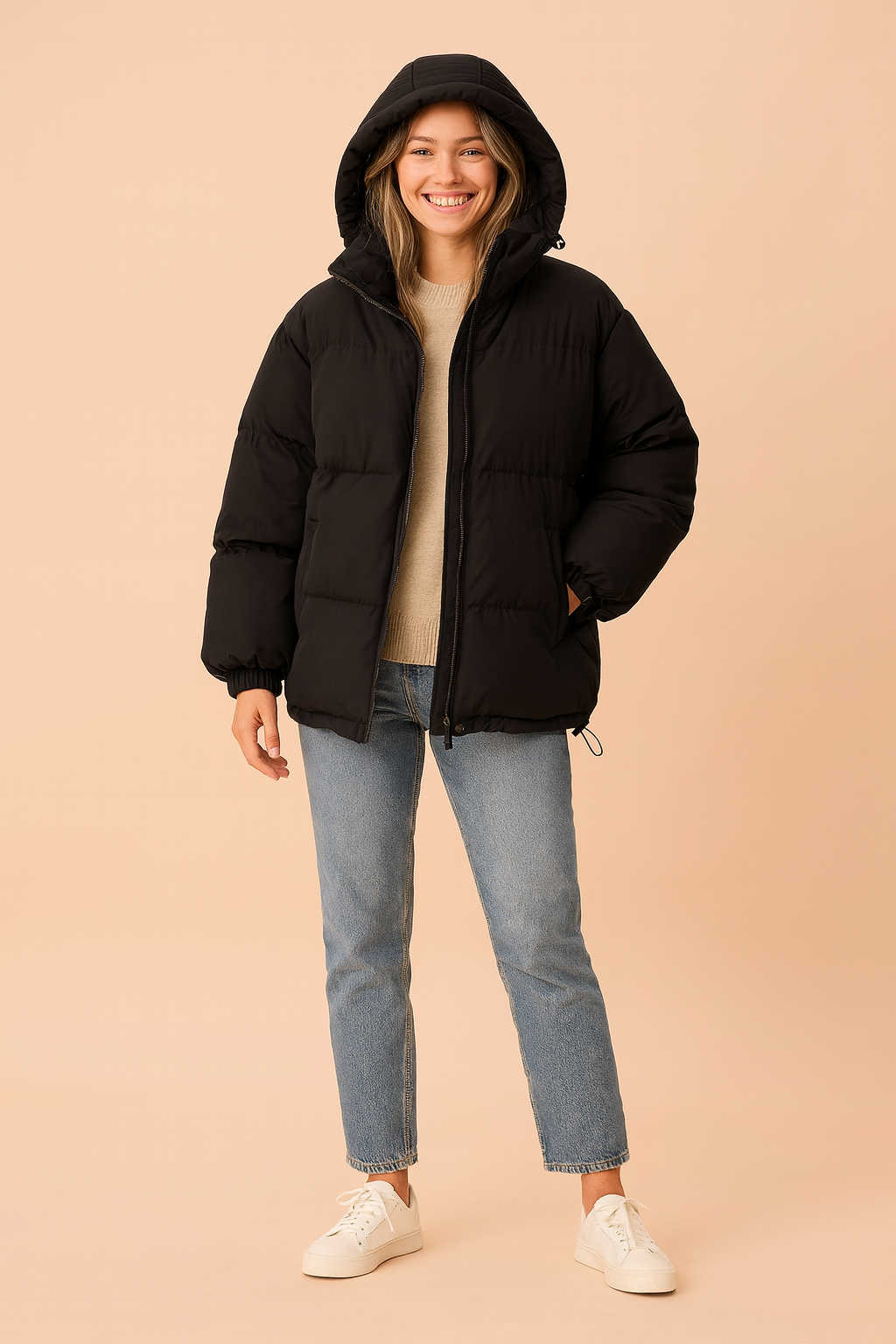 Black unisex puffer jacket with hood, front zipper closure, side pockets, and elastic cuffs, designed for winter warmth and comfort