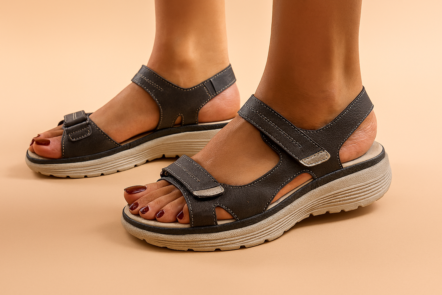 Black open-toe platform sandals with dual Velcro straps, contrast stitching, and a beige textured sole designed for everyday comfort and support.