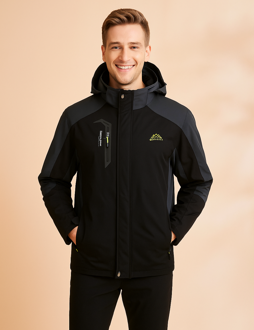 Black and dark gray waterproof outdoor jacket with hood, yellow zipper accents, and chest pocket detail.