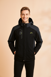 Black and dark gray waterproof outdoor jacket with hood, yellow zipper accents, and chest pocket detail.