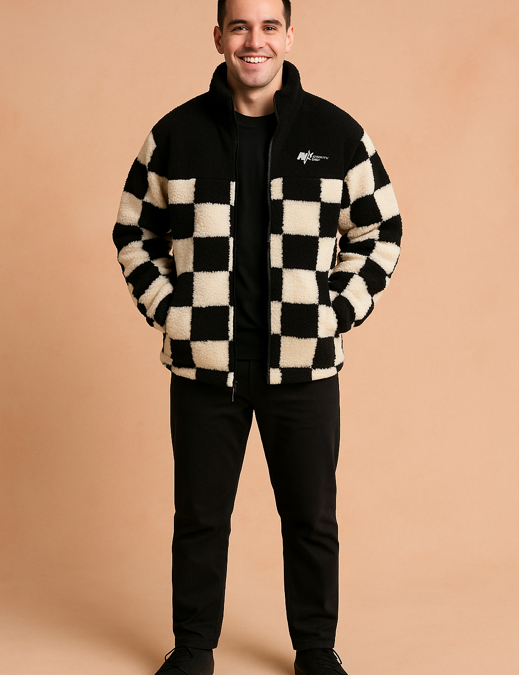 Black and white checkered fleece jacket with quilted lining, high collar, and front zipper closure, styled in a casual fit.
