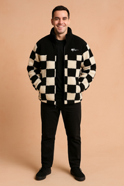 Black and white checkered fleece jacket with quilted lining, high collar, and front zipper closure, styled in a casual fit.