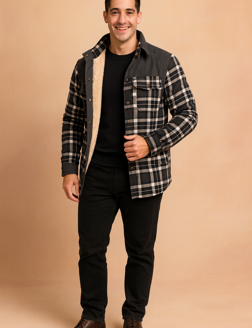 Black and white plaid fleece-lined flannel jacket with button-up closure, chest flap pockets, and long sleeves for a casual winter style.