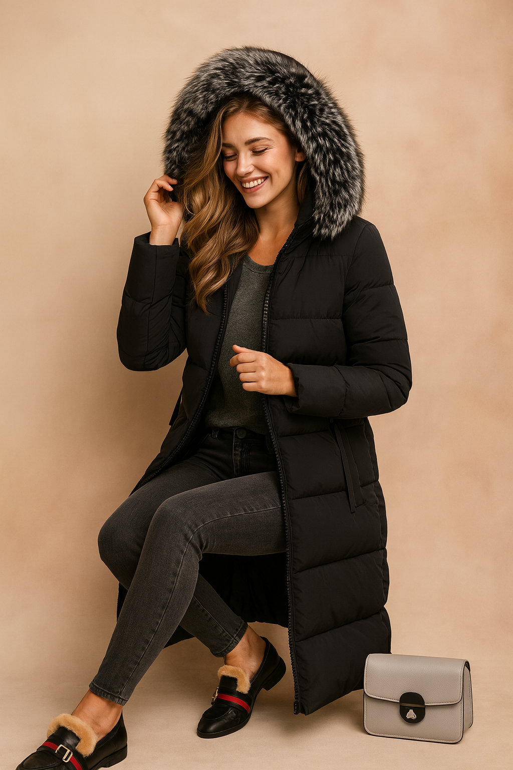 Black long winter parka jacket with fur-trimmed hood, paired with grey skinny jeans and black loafers with fur lining, styled with a small grey handbag. Outfit emphasizes warmth, comfort, and chic winter