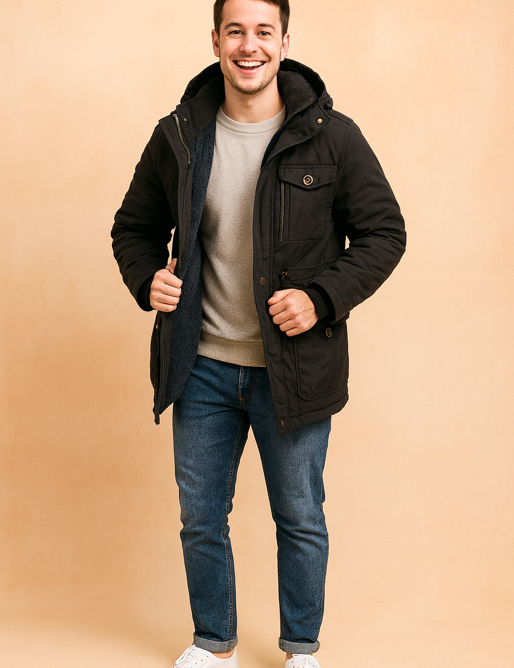 Black winter parka jacket with multiple front pockets, button and zipper closure, and warm fleece lining, designed for stylish cold-weather wear.