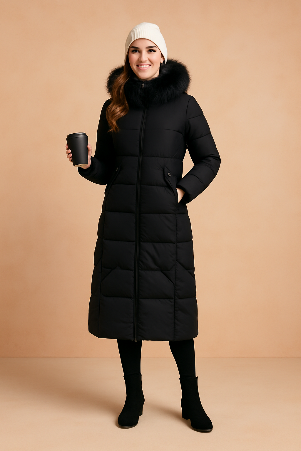 Long black quilted parka with faux fur hood trim, front zipper closure, buttoned side pockets, styled with black leggings, ankle boots, and white knit beanie, accessorized with a black travel mug
