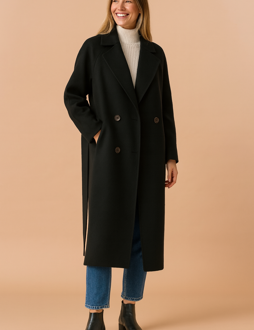 Long black double-breasted wool coat with wide lapels, two front buttons, side pockets, and belted detail, paired with a cream ribbed turtleneck sweater, straight-leg blue jeans, and black leather ankle boots.