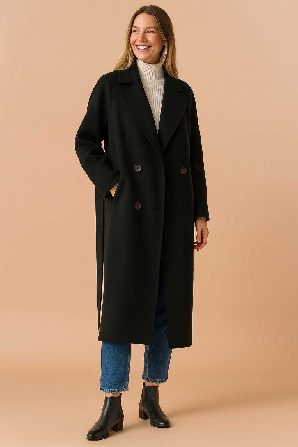 Long black double-breasted wool coat with wide lapels, two front buttons, side pockets, and belted detail, paired with a cream ribbed turtleneck sweater, straight-leg blue jeans, and black leather ankle boots.