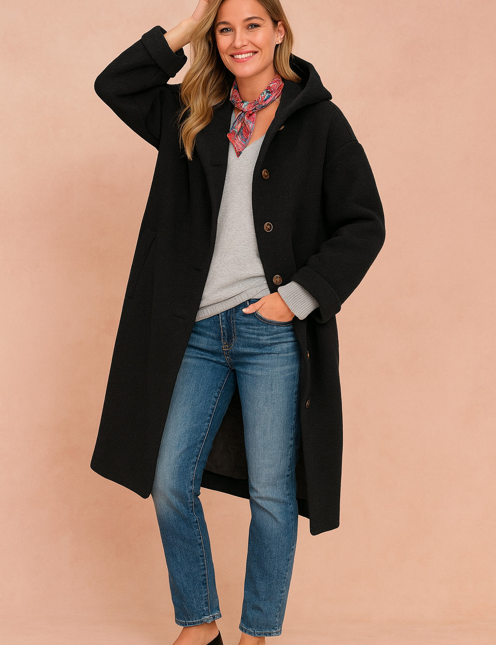 Black wool button-up coat with a relaxed oversized fit, wide sleeves, side pockets, and front button closure, styled over a light gray V-neck sweater, paired with medium-wash straight-leg jeans, a colorful paisley scarf, and black leather flats.