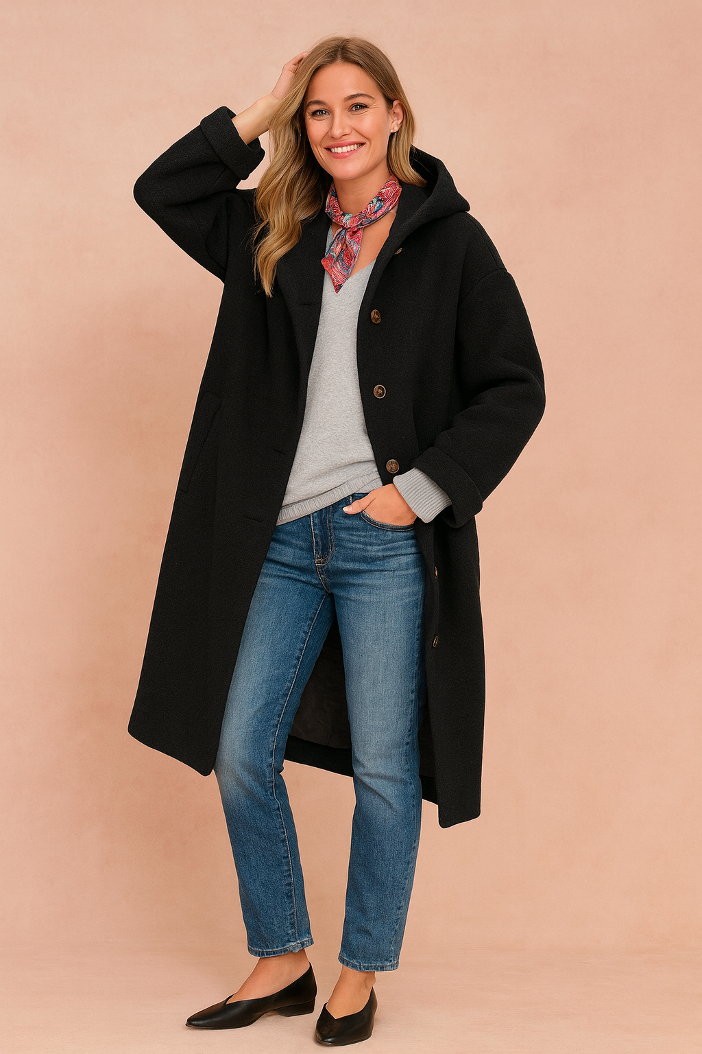 Black wool button-up coat with a relaxed oversized fit, wide sleeves, side pockets, and front button closure, styled over a light gray V-neck sweater, paired with medium-wash straight-leg jeans, a colorful paisley scarf, and black leather flats.