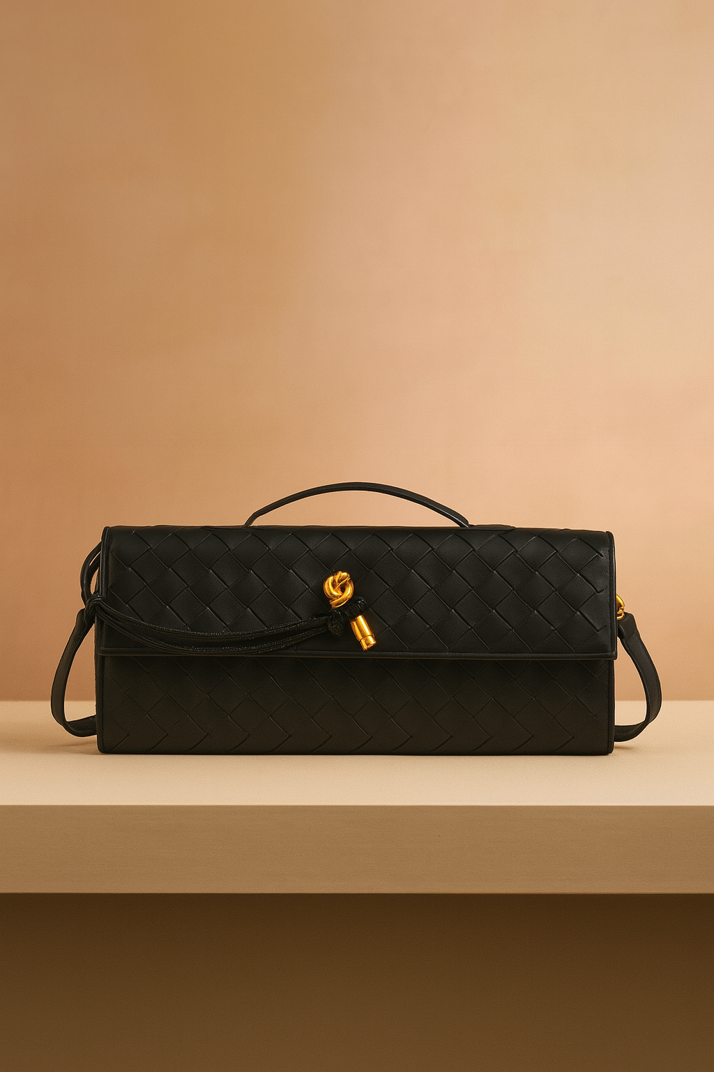 Rectangular black woven leather handbag with gold knot detail and flap closure, displayed on a beige platform against a pastel sand-to-pink gradient background.