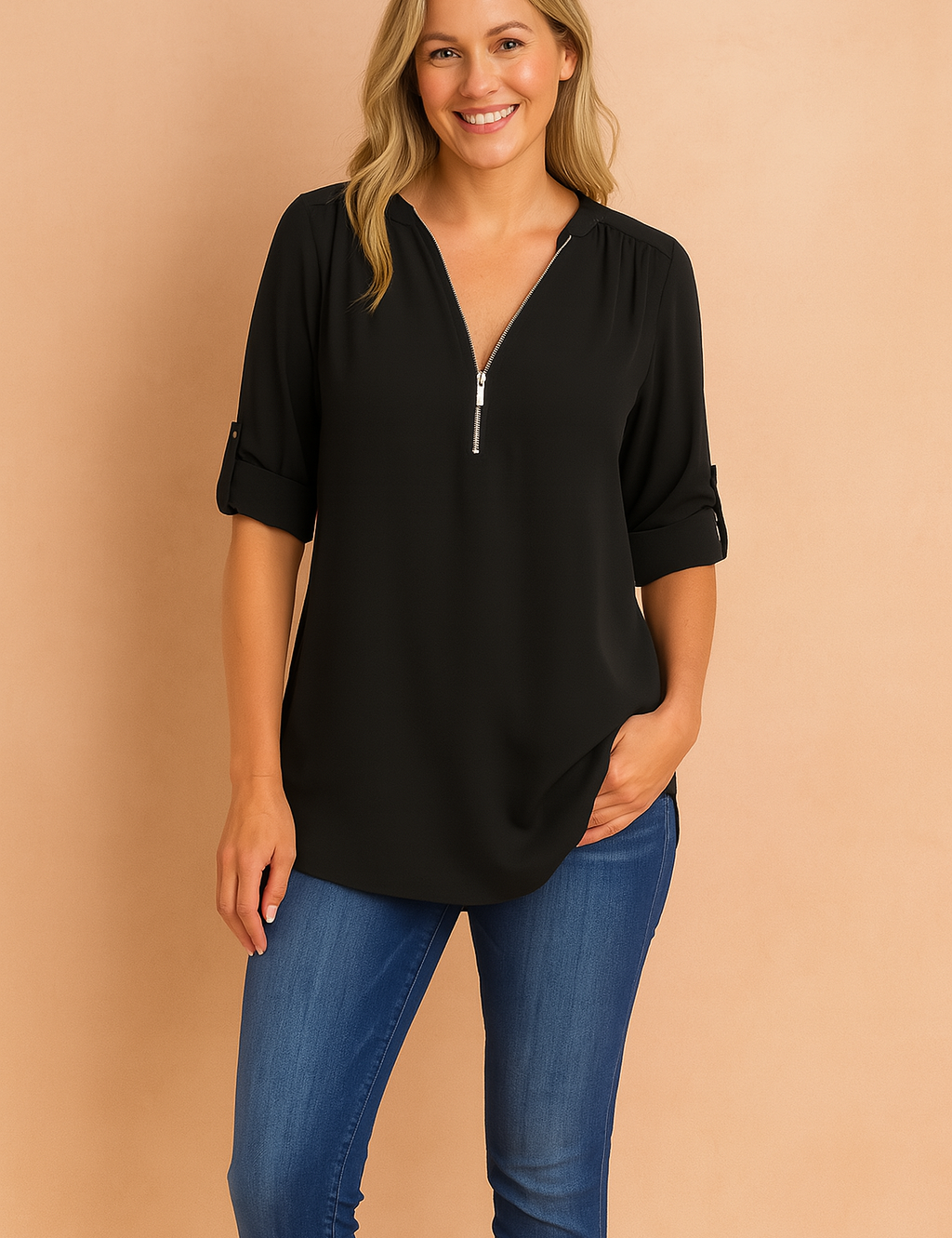 Black long-sleeve zip-front blouse with tab roll-up sleeves, styled with slim-fit blue jeans for a sleek, versatile casual outfit.