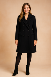 Black double-breasted trench coat with structured lapels, six-button closure, and flap pockets, styled for a polished and elegant look.