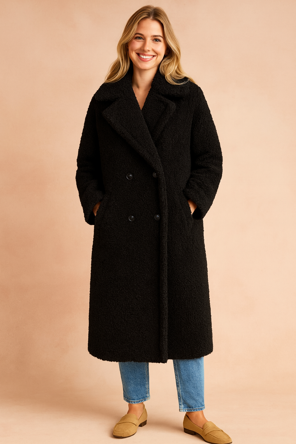 Long black teddy coat with wide lapel collar, double-breasted button closure, and full-length cut for winter wear.