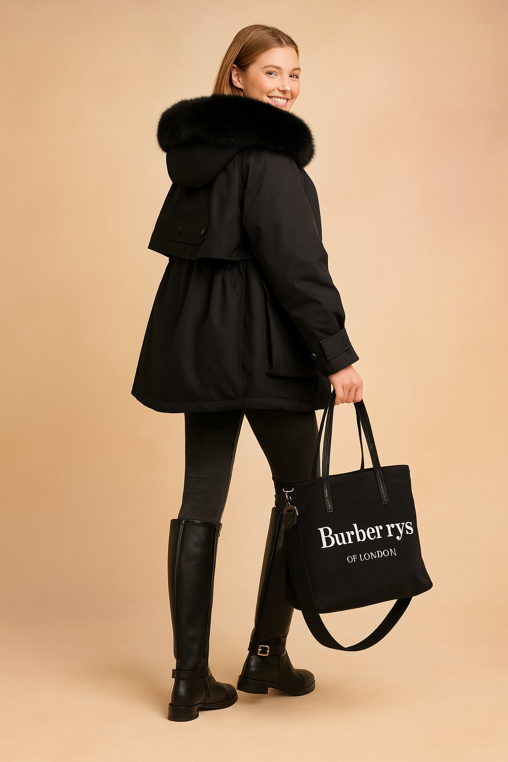 Black hooded winter parka jacket with faux fur trim, structured back flap detail, and adjustable waist, styled with tall leather boots and black tote bag