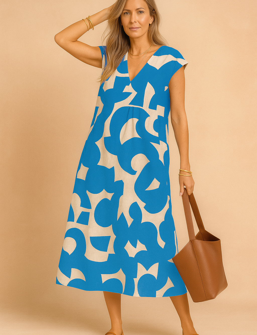 Elegant European woman in a blue and beige abstract print midi summer dress with V-neckline.