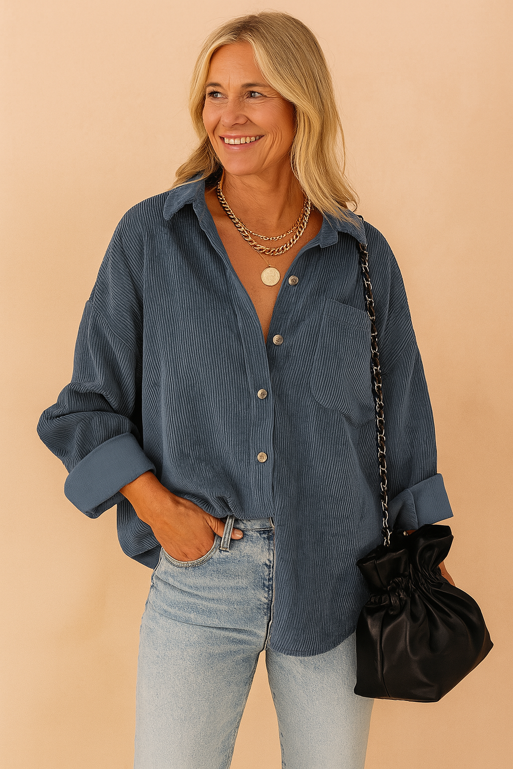 Oversized blue corduroy button-up shirt with a single chest pocket, styled with light-wash high-rise jeans and accessorized with layered gold necklaces and a black ruched leather shoulder bag.