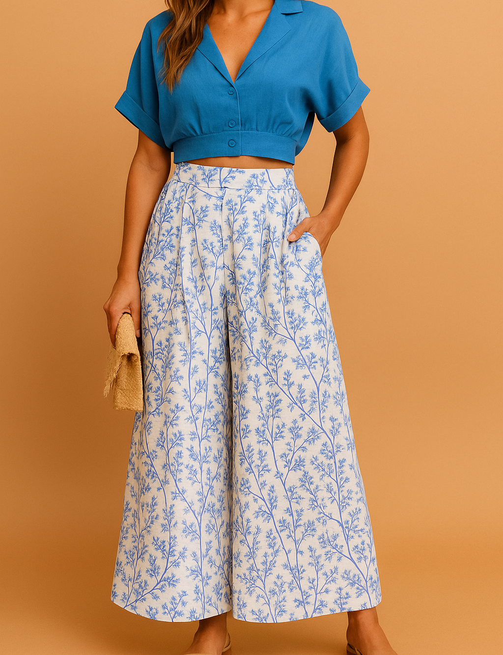 Two-piece summer set featuring a cropped button-up blue blouse with cuffed short sleeves and high-waisted wide-leg trousers in a white base with soft blue botanical print.