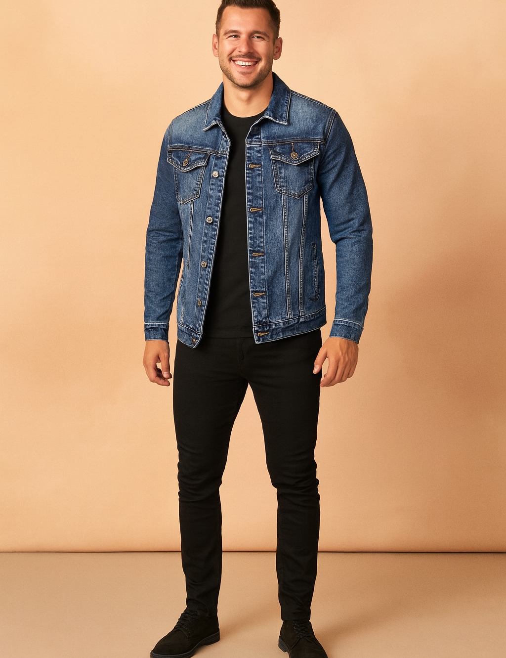 Blue denim jacket with button closure, flap chest pockets, and subtle fading, styled in a casual slim fit.