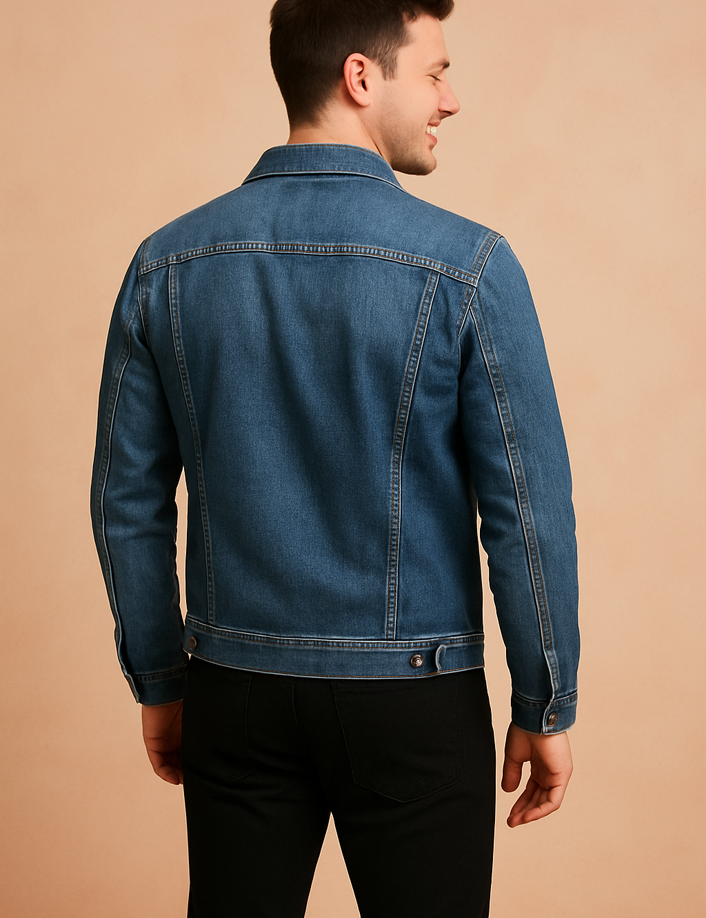 Blue denim jacket with faded wash, detailed stitching, and classic back panel design, paired with black pants for a casual modern fit.