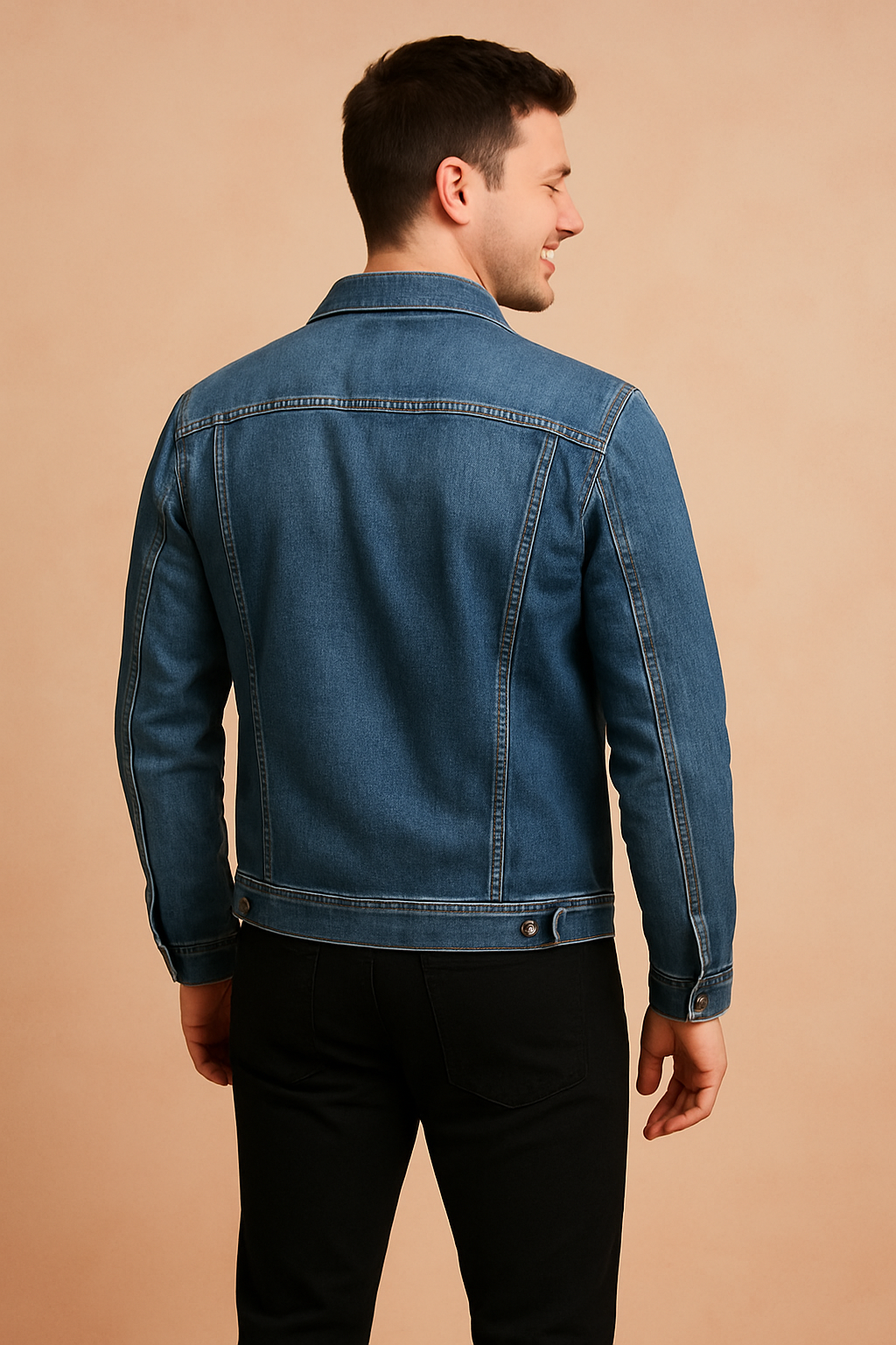 Blue denim jacket with faded wash, detailed stitching, and classic back panel design, paired with black pants for a casual modern fit.