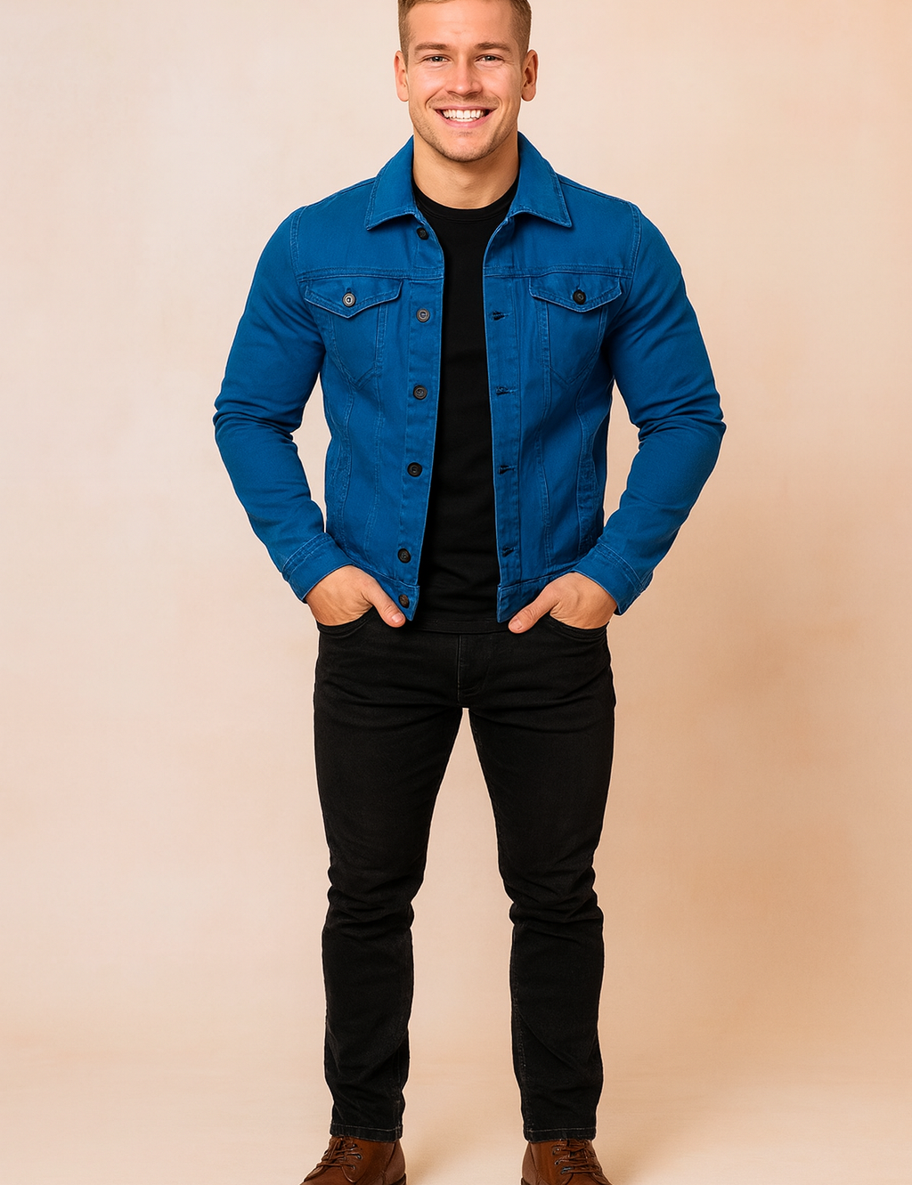Blue denim-style button jacket with flap chest pockets, black T-shirt underneath, paired with slim black jeans and brown leather boots.