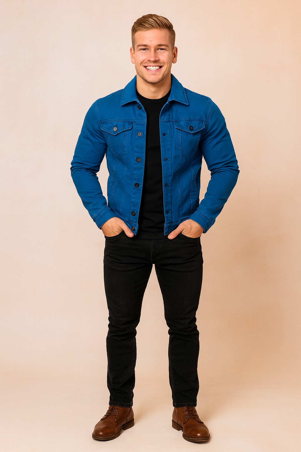 Blue denim-style button jacket with flap chest pockets, black T-shirt underneath, paired with slim black jeans and brown leather boots.