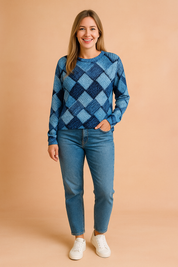 Blue diamond-print long-sleeve sweater with realistic knit pattern, paired with classic blue straight-leg jeans and white sneakers.