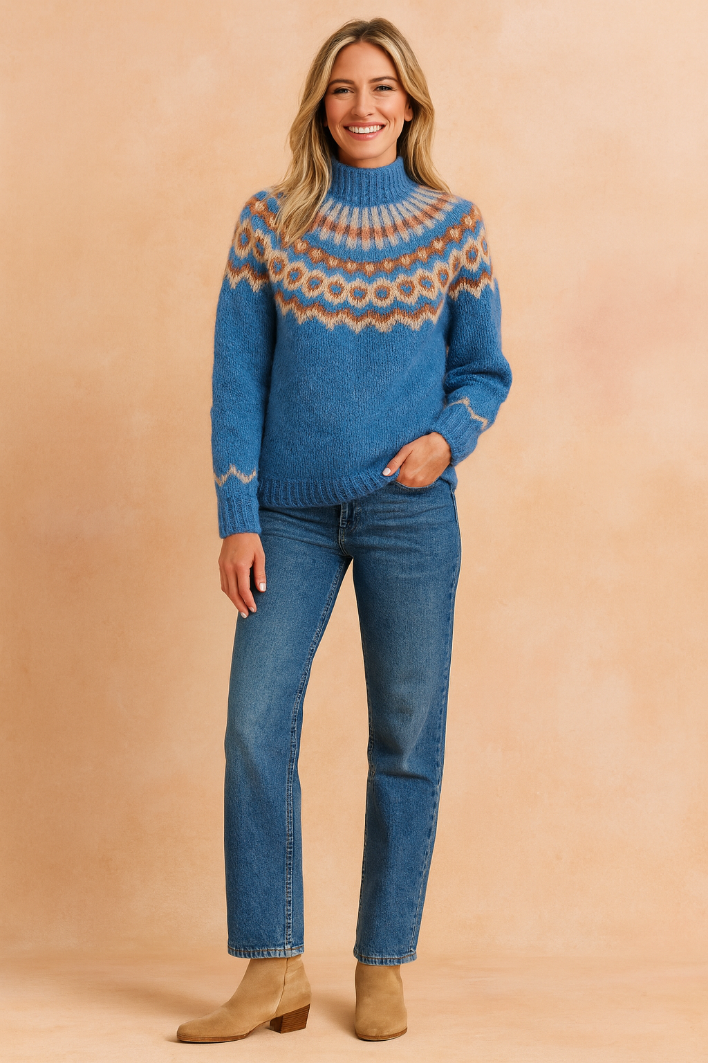 Cozy blue Fair Isle knit sweater with multicolor geometric yoke pattern in cream, tan, and darker blue, featuring matching trim on sleeves.