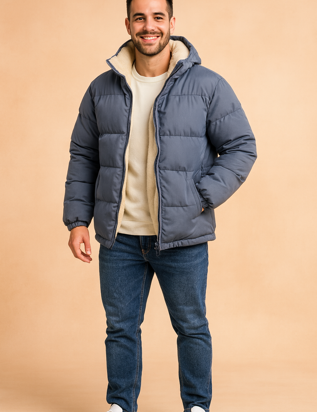 Men’s winter puffer jacket in blue with cream fleece lining, full zip closure, elastic cuffs, and side pockets, designed for warmth and comfort.