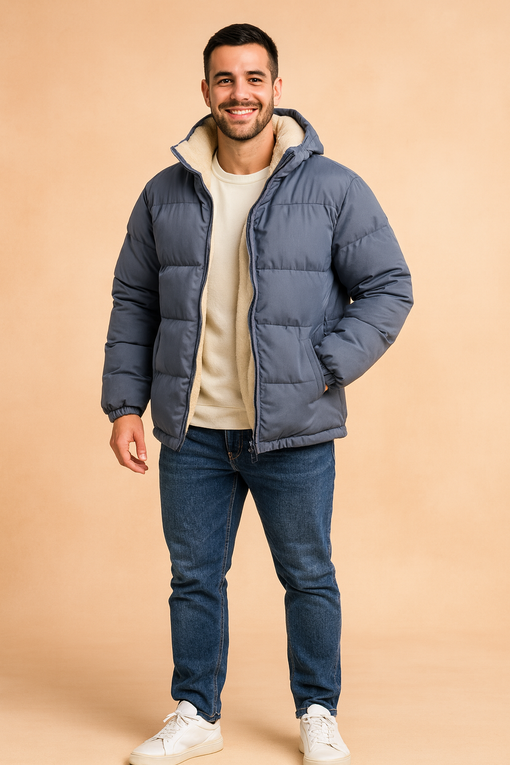 Men’s winter puffer jacket in blue with cream fleece lining, full zip closure, elastic cuffs, and side pockets, designed for warmth and comfort.